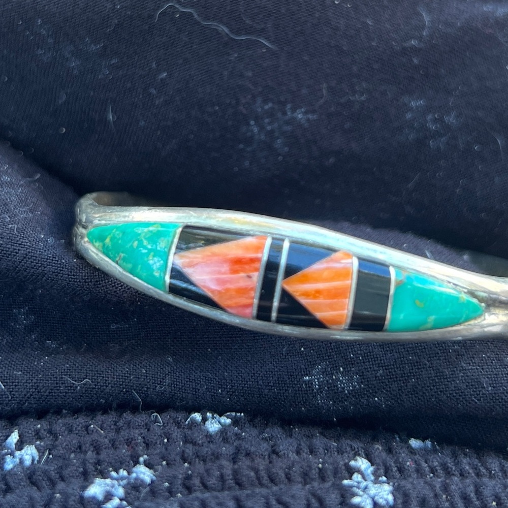 Vintage Native American Ss/Turquoise/Coral/Onyx C… - image 2